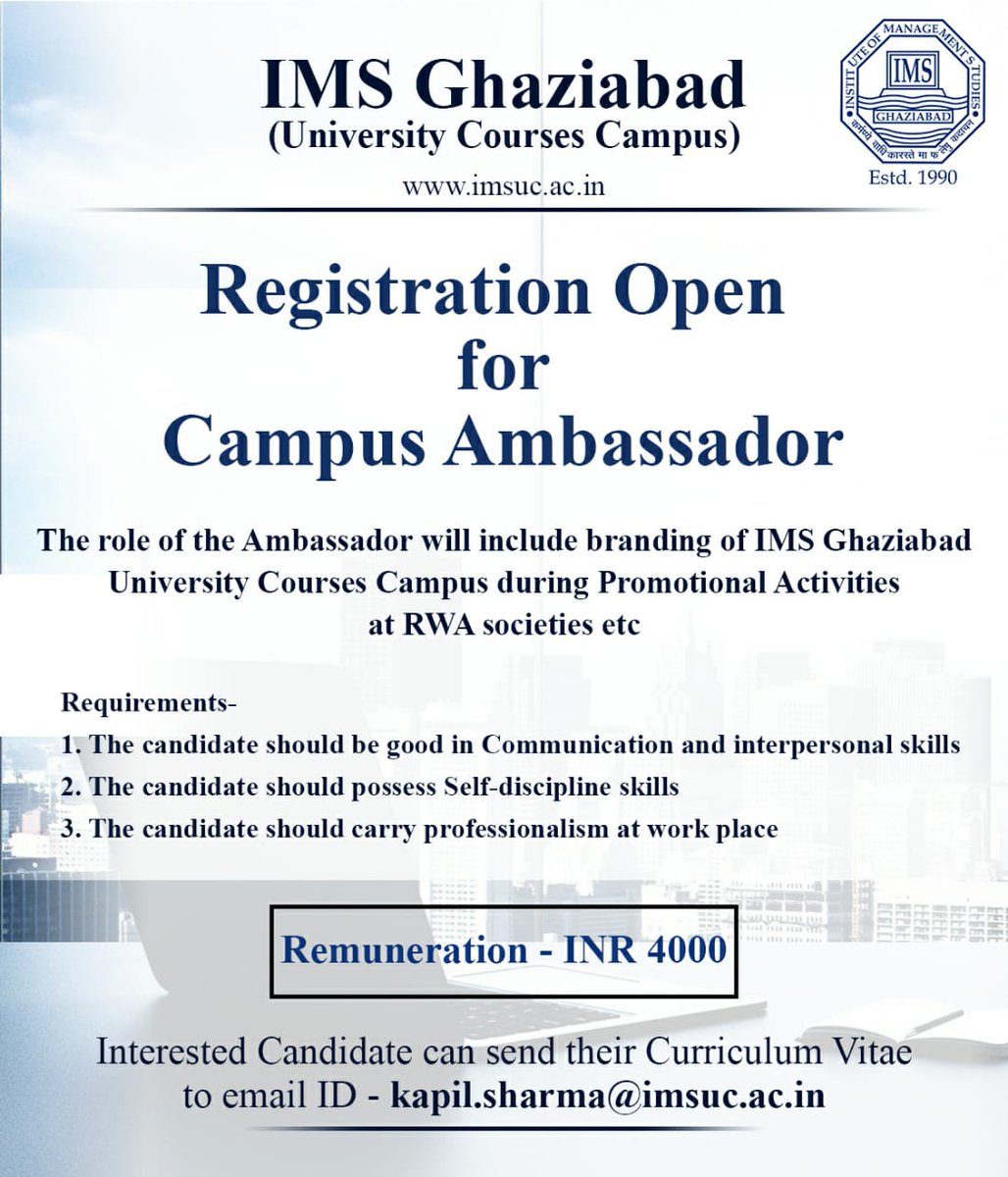imsuc_campus's tweet image. @imsuc_campus is organising #CampusAmbassadorProgram to enhance your #personality and #skills. The selected #candidates will be #responsible for #branding @imsuc_campus
Interested #Students can email their CV at- kapil.sharma@imsuc.ac.in
@Sapnarakesh
