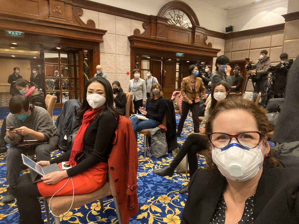 At a Chinese National Health Commission/World Heath Organiszation briefing about their trip to Wuhan to “learn about coronavirus prevention and control measures.” Journalists are spaced a meter apart (that’s me with  @onlyyoontv and  @debiedwarditv)