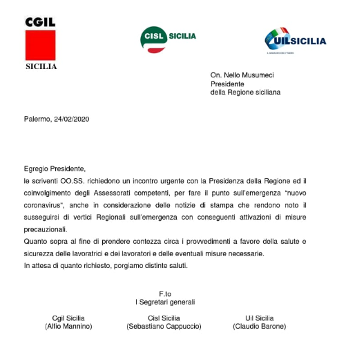 CislSicilia's tweet photo. #Coronavirus, #sindacati chiedono incontro con governo @Musumeci_Staff Partita in mattinata la lettera al presidente della Regione dei segretari di @cgil_sicilia @CislSicilia @UilSicilia https://t.co/GF71cbY0CQ
