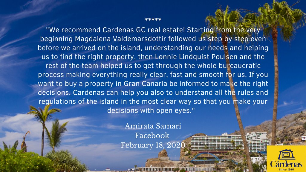 CardenasEstate's tweet photo. The latest 5-Star review from a satisfied Cárdenas Real Estate client in south #GranCanaria :-) https://t.co/jpS9vBEL4H
