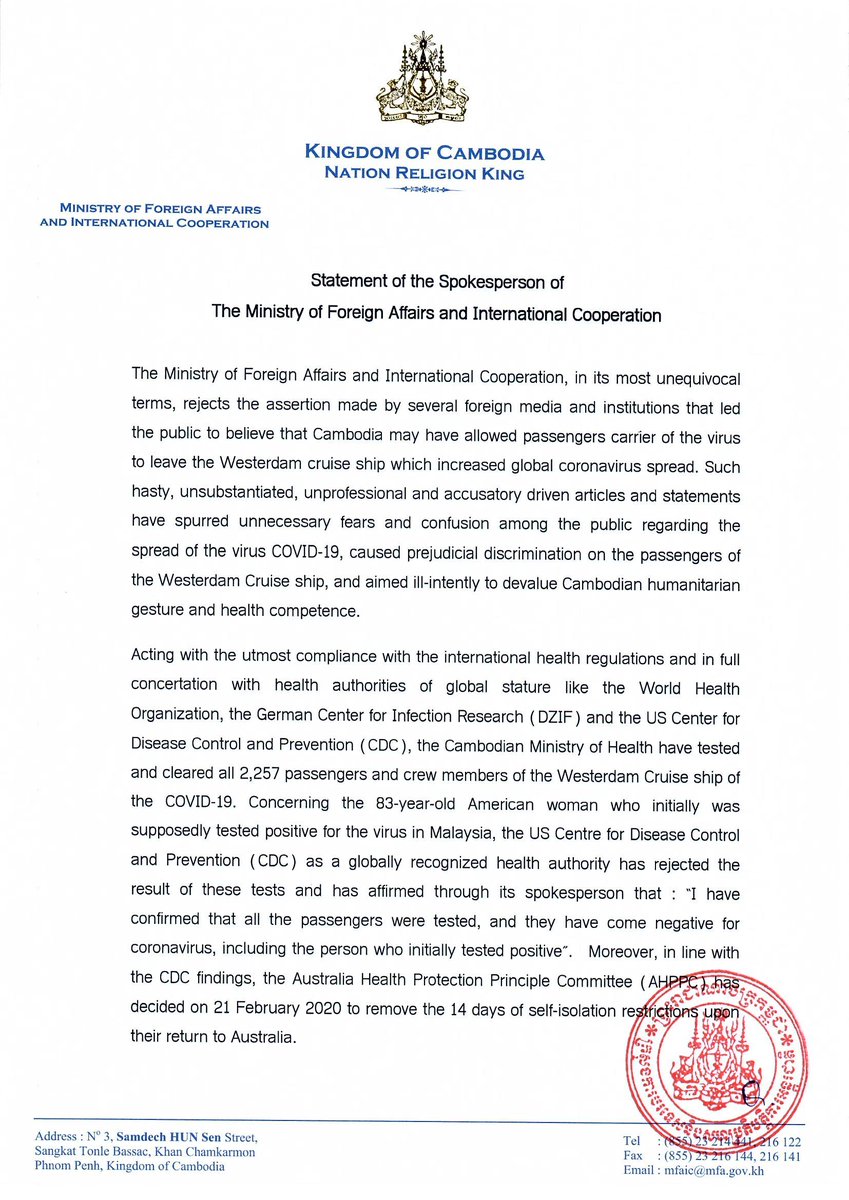 PhirumRa's tweet photo. Cambodia’s Foreign Affairs Dismisses News on Spread of Covid-19 from Westerdam Cruise Ship
https://t.co/wVZpCdZ7sf
#Cambodia #Peace #Development #Democracy #Covid19 #Westerdam https://t.co/VWXFGvv4D0