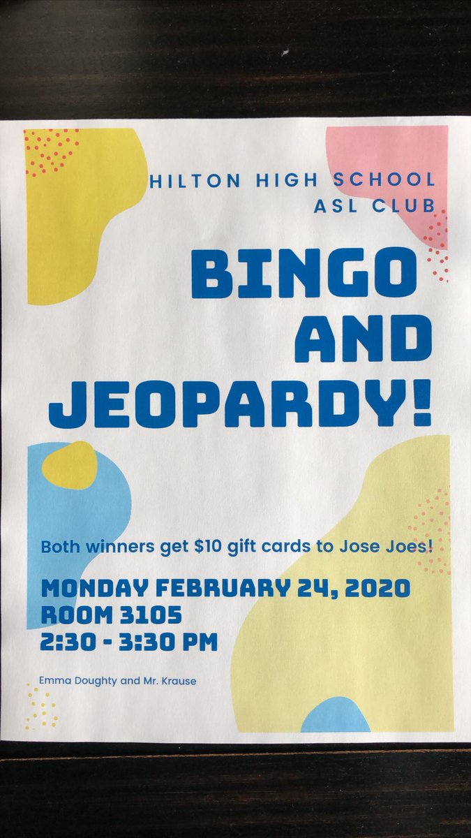 HiltonASL's tweet photo. Today’s the day! Come by for some Bingo and Jeopardy after school in room 3105! Bring a friend 🎲🔴🃏 winners get gift cards!🎉 https://t.co/crRAKVrFY6