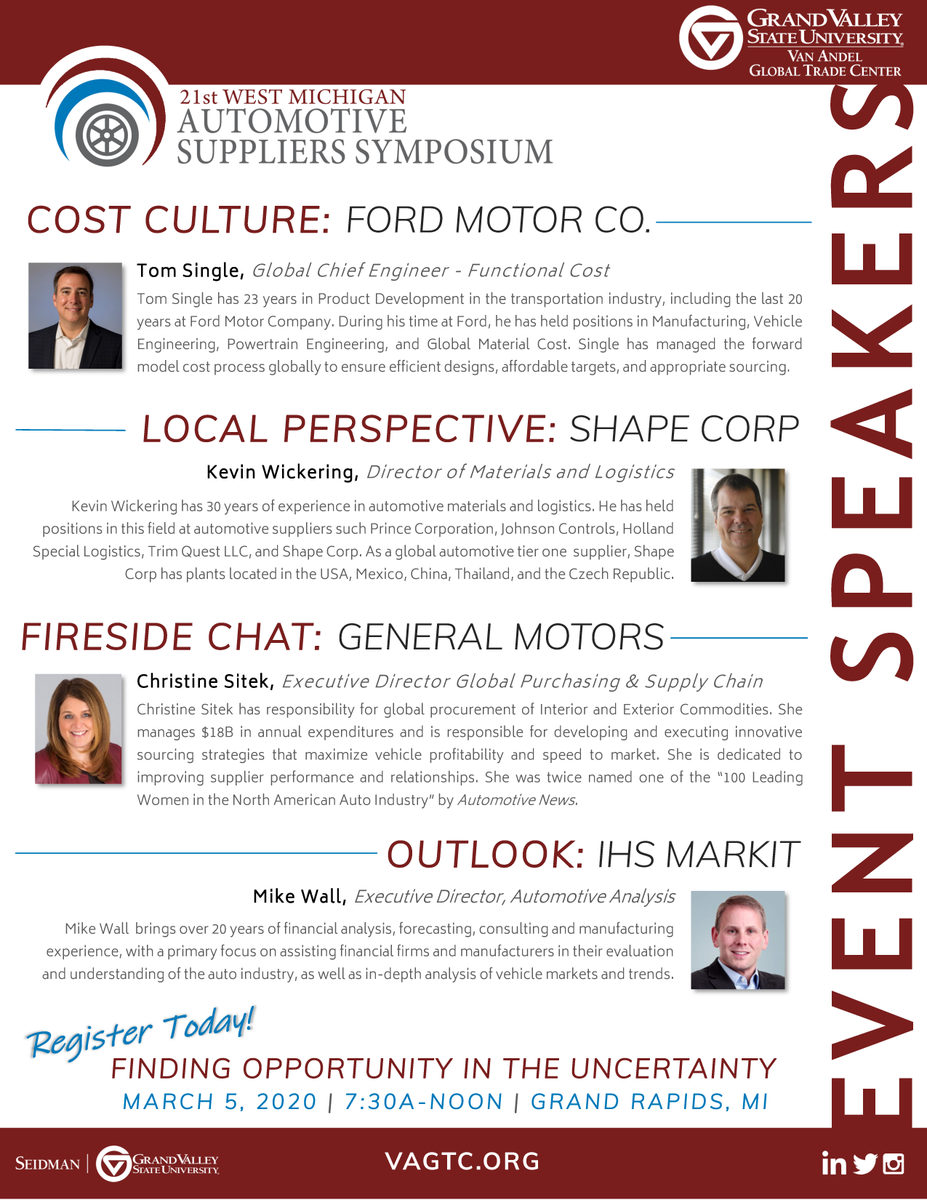 VAGTC's tweet photo. We are looking forward to a fantastic Automotive Suppliers Symposium line-up this March with @Ford and @GM taking the stage along with local favorites @ShapeCorp and @IHSMarkit / @IHSAutomotive ! Reserve your seats today! https://t.co/5PiZ646xYO #WestMIAuto #Auto #GVSU https://t.co/YwqkmhLR0E