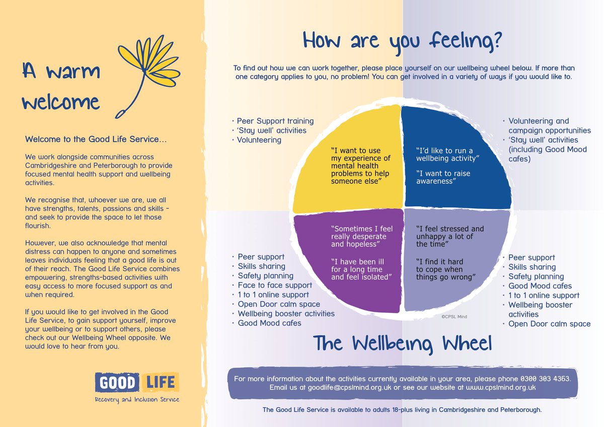 SUNnetworkCambs's tweet photo. Have you heard much about the #GoodLifeService being run by @cpslmind ? Well, below we've got their leaflet; telling you about what the service offers, including their #WellbeingWheel !π https://t.co/wwEXmQDYne