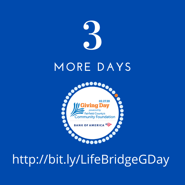 LifeBridgeCT's tweet image. Three Days! Please support our Giving Day campaign with a minimum donation of $10 on Thursday to support our Urban Scholars Program and attempt to win the $20,000 Grand Prize again. Visit bit.ly/LifeBridgeGDay and click "fundraise"!  #FairfieldCountyGives #LifeBridgeCT