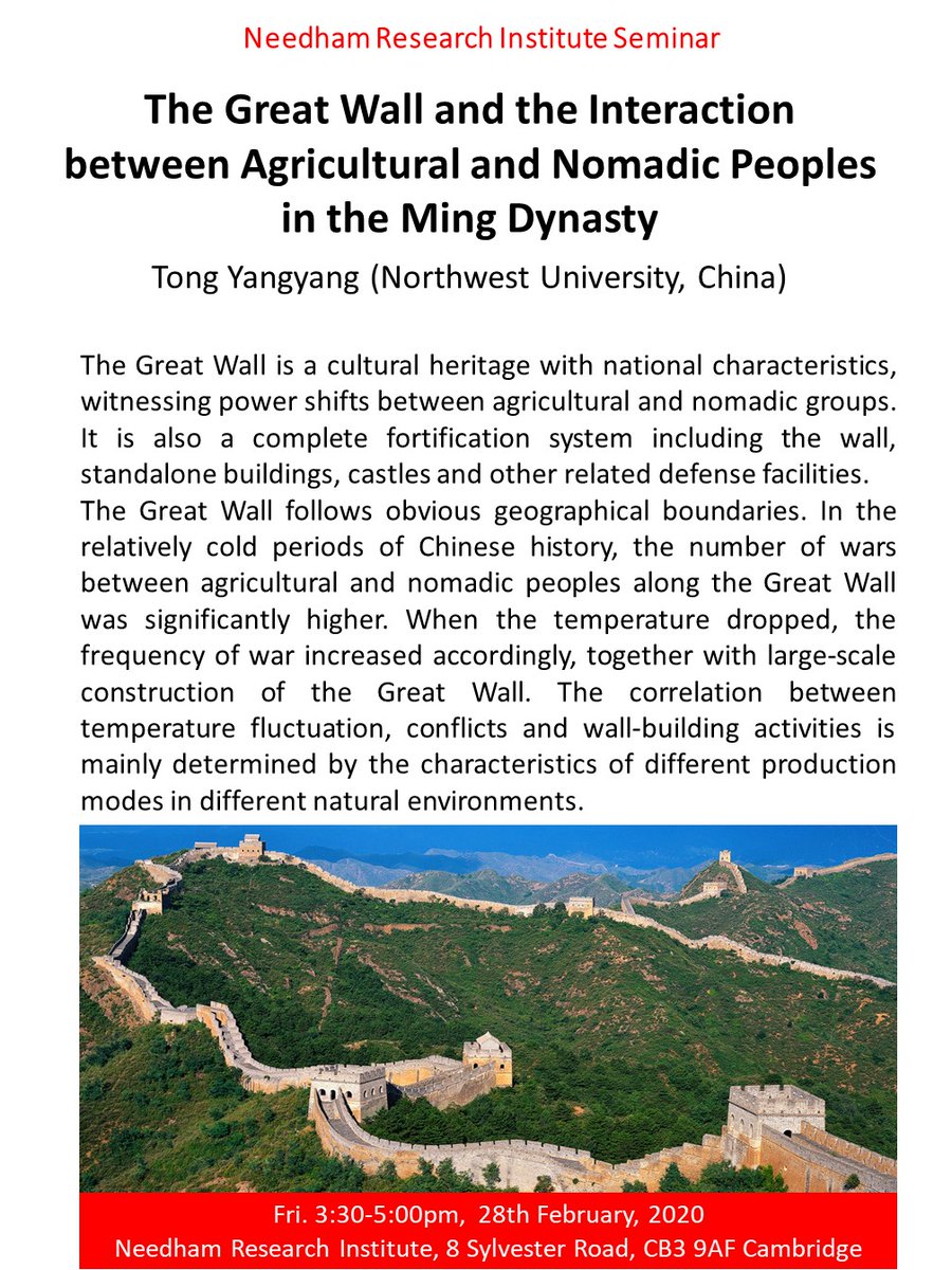 Please join us this Friday at 3:30-5:00pm for the talk by Tong Yangyang (Northwest University, China), "The Great Wall and the Interaction between Agricultural and Nomadic Peoples in the Ming Dynasty". All welcome!