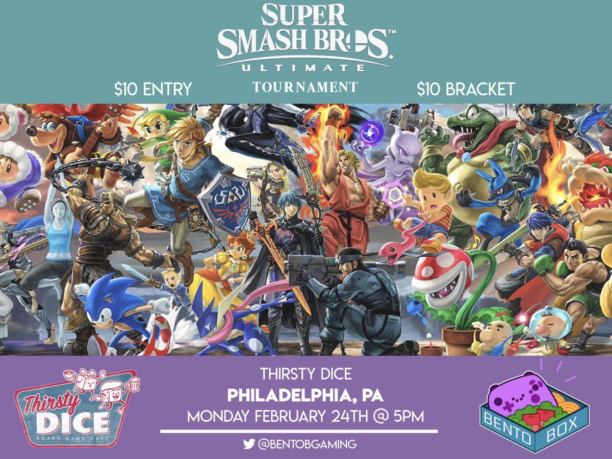 BentoBGaming's tweet photo. Join us tonight at Thirsty Dice! We'll be throwing their first ever Smash Ultimate tournament! They have a full food and drink menu as well! Doors open at 5 and bracket starts at 6:30 https://t.co/dFWkWPIoxv