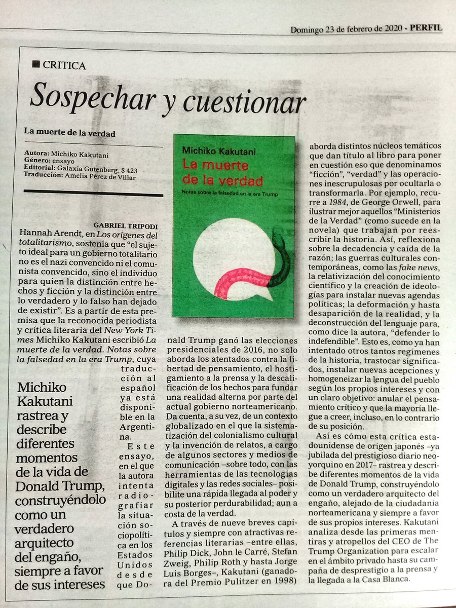 gabytripodi's tweet image. Mi #crítica del #libro "La muerte de la verdad" de @michikokakutani @NewTorkTimes que escribí para @perfilcom @perfilcultura 
#TheDeathOfTruth #books #critic #kakutani #libros #diarioperfil #perfilcultura #cultura #reseñas #periodismo #ensayos #noticias #prensa @G_Gutenberg