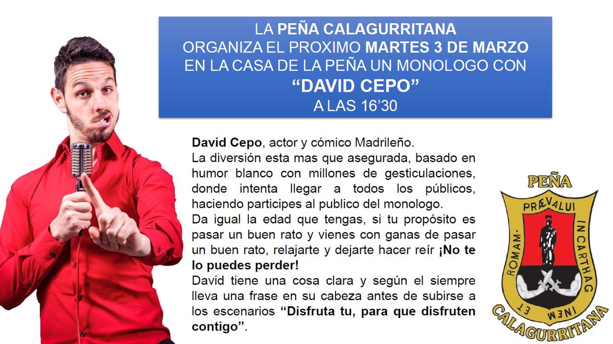Ven a echarte unas risas con nosotros!!!
A las 16:30 en la Peña Con David Cepo‼️
No te lo pierdas🥳🤩