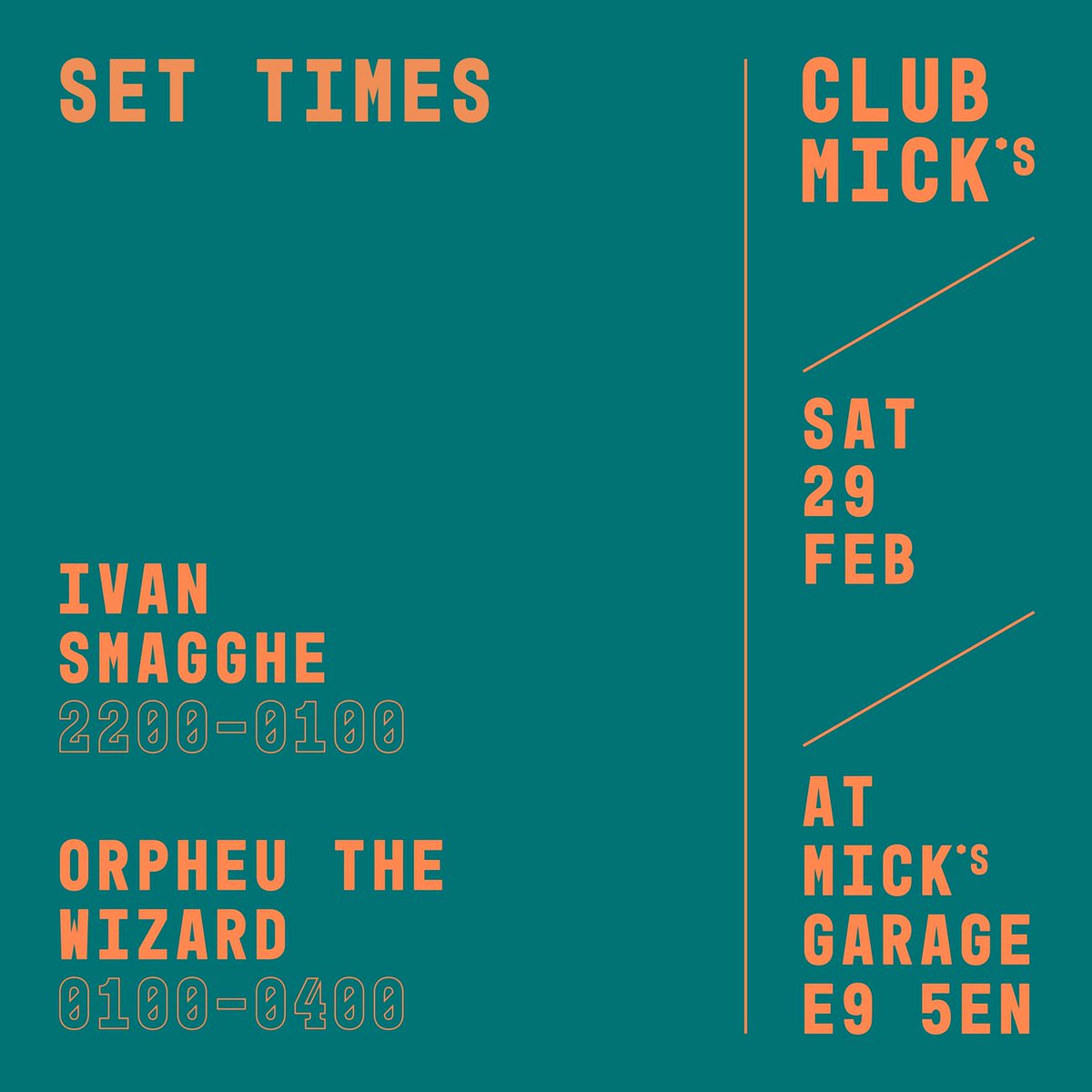 The set times for this Saturday's Club Mick's party with <a href="/IvanSmagghe/">Ivan Smagghe</a> and Orpheu the Wizard are in.... might wanna get down early for this one...