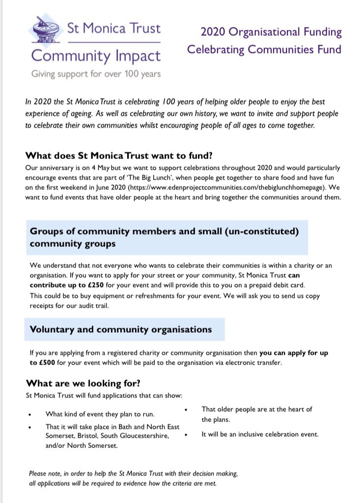 St Monica Trust are celebrating 100 yrs of helping older people by inviting communities of all ages to come together to party🎉. Un-constituted groups can also apply for £250 @BabBristol @BabbersShow @StGeorgeCNet @HillfieldsTrust @St_Monica_Trust @Bristol_People @ActivAgeingBris