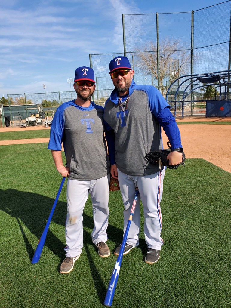 spcbaseball's tweet photo. Two #titanalum reconnected 18 years later as coaches in the Texas Rangers organizations.  Kenny Holmberg and Bobby Wilson played for SPC together in 2002 #brotherhood #baseballfraternity #titanstrong https://t.co/x60NdVaF2W