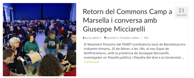 femprocomuns's tweet photo. Demà dimarts, 25/02 -> Retorn del #CommonsCamp a Marsella i conversa amb Giuseppe Micciarelli de @l_asilo_
organitzat pel Moviment #Procomuns del @FSMET_2020
(confluència local de Barcelona) a l'Espai de femProcomuns https://t.co/izm0SHLoeb