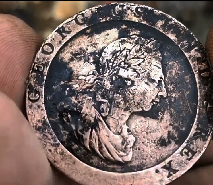 Rothersman's tweet photo. Lovely condition George III cartwheel penny 1797 found recently on the river Thames foreshore. This one cleaned up a treat, enough to show the .X . that’s been scored into it above Britannia’s arm.  #mudlarkthameslarker #mudlarking #finds #thames #coins https://t.co/zjsAeDL0dq