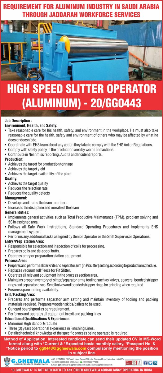 ggheewala1's tweet photo. #High_Speed_Slitter_Operator #Environment #Health #Safety #Production #Quality #Management #TPM #EHS #Shift_Supervisor #Coils #Pit_Slitter #Aluminium #Saudi_Arabia #GCC #KSA #Gulf_Job #Abroad_Job #Jobs https://t.co/FPzypQDTYm