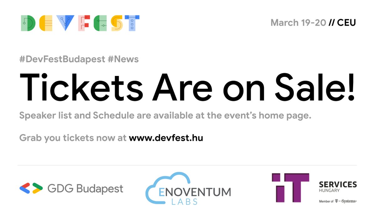 The #DevFestBudapest #Conference is here and tickets are already on sale!

19-20th March 2020 - 400 attendees, 30 speakers, 3 tracks on 2 days!

Speaker list and schedule are already available at the event's home page.

Hurry up! Grab your tickets now at devfest.hu
