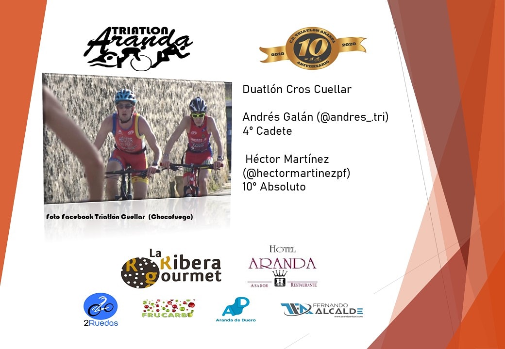 DUATLÓN CROS CUELLAR

En categoría Cadete, Andrés Galán finalizó la prueba en una brillante 7ª posición mientras que en la categoría absoluta Ettore Martínez Rincón se coló en la zona noble de la clasificación con un 10°puesto 

#CDTriatlónAranda2020 #10aniversario