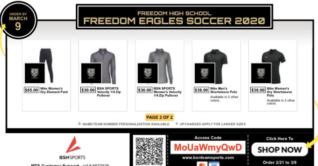 The online catalog is open until midnight on Monday, March 9th, and all gear will be delivered by April 2nd, in time for Spring Break. 

Don’t miss out - add some new #FreedomFC gear to your closet today. 

If you have any questions, reach out to Coach Kimble: kimblebd@pwcs.edu