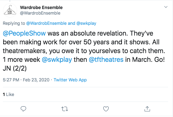 PeopleShow's tweet photo. We've been thrilled by the response we've received towards #PeopleShow137: #GodKnowsMany! If you haven't had a chance to see the show, make sure you catch it at @swkplay before 29th February.
@WardrobEnsemble @_paulfreeman
#audiencereviews #PeopleShow #whatsontonight #London https://t.co/ByybaLloj3