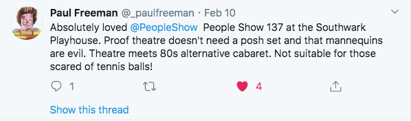 PeopleShow's tweet photo. We've been thrilled by the response we've received towards #PeopleShow137: #GodKnowsMany! If you haven't had a chance to see the show, make sure you catch it at @swkplay before 29th February.
@WardrobEnsemble @_paulfreeman
#audiencereviews #PeopleShow #whatsontonight #London https://t.co/ByybaLloj3