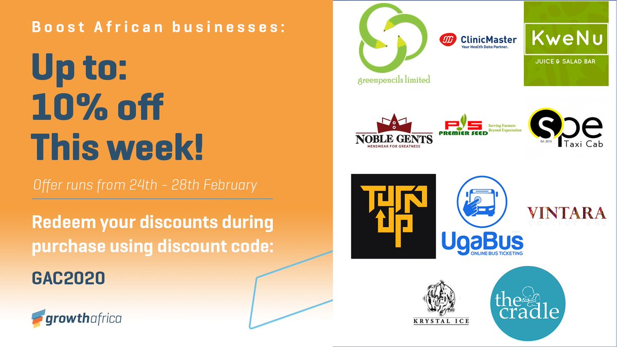 GET DISCOUNTS FROM OUR ACCELERATED VENTURES IN KENYA AND UGANDA! 
Time to go local with brands offering up to 10% discount from Kenya and Uganda. Click here growthafrica.com/entrepreneurs/… for next steps. 
#WeAccelerateAfrica #Entrepreneur #BuyLocal #BoostAfrica #Kenya #Uganda #Africa
