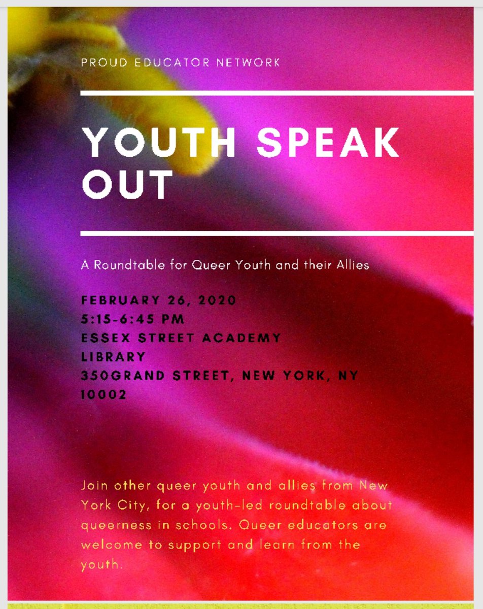 ProudEducators's tweet photo. Join us for an evening talking with queer youth about what matters to them and ways #LGBTQEducators and allies can support them. Wednesday, February 26th at #EssexStreetAcademy. @ProudEducators https://t.co/Dmc2SwlJvu