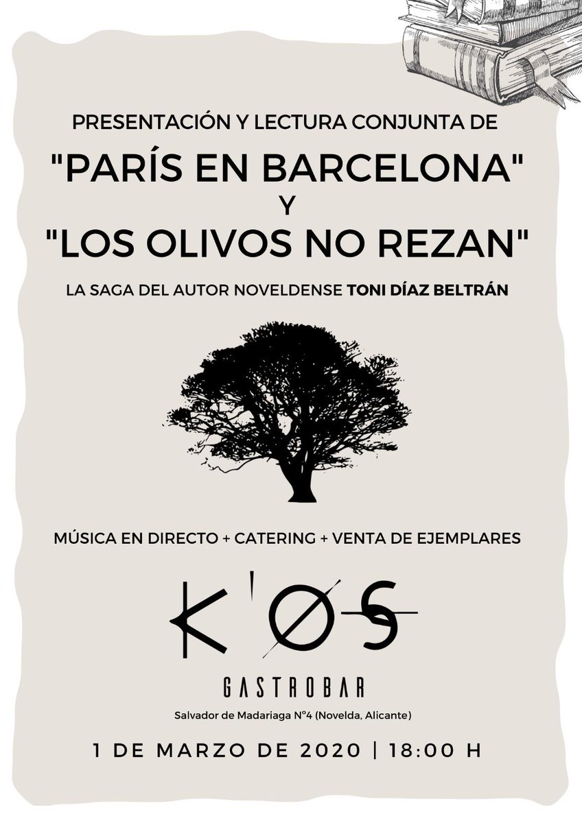 Holi.
Este domingo, a las 18:00h, <a href="/Toni_azbel/">Toni Díaz Beltrán.</a> vuelve a presentar sus libros.
Va a estar muy chulo porque va a haber música en directo y algunas personas (entre ellas yo) leerán sus partes prefes.
Evidentemente tenéis que venir porque es que no os lo podéis perder, vamos a ver.
