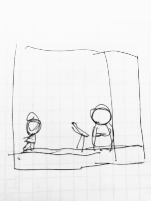 カラーラフの前にノートに描いてるラフ。「サンズと望遠鏡が描きたいんや〜待ってるお兄さんが描きたいや〜」と描き出して、3枚目が採用になりました。 