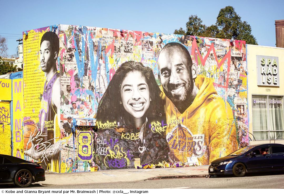 meeschaert's tweet photo. Depuis le décès de #KobeBryant, des lieux de mémoire improvisés se sont multipliés dans toute la ville de #LosAngeles. @MrBrainwash, artiste de la #CollectionMeeschaert, a lui aussi tenu à rendre hommage au basketteur et à sa fille avec une immense fresque les représentant. https://t.co/qFUn3DSO87