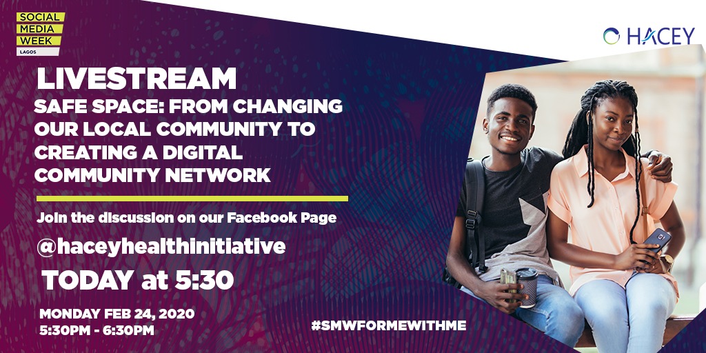 haceydev's tweet photo. Join us Live on Facebook today at 5:30pm to 6:30pm as we discuss safe space for young people at SMWLagos.
To join in, follow us on Facebook @haceyhealthinitiative and send in your questions and comments.
#SMWForMeWithMe #ForMeWithMe #girlchild #SMWLagos #SMWLagos2020 https://t.co/HcLq2C8rwa