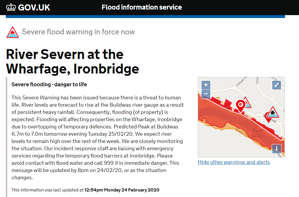 A severe flood warning now issued for #Ironbridge with the warning citing possible "overtopping of temporary defences". #Shrewsbury peak tomorrow also now projected to be higher than record level set in 2000 #flooding #flood #shropshire