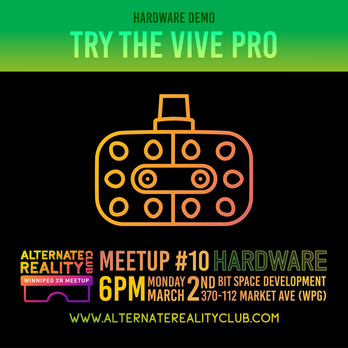 NewMediaMB's tweet photo. Try the VIVE PRO at our hardware demo! 
Sign up for this free meetup on March 2 from 6-8pm at @BitSpaceDevelop's new offices. Think you can beat us at VR trivia? 
RSVP here: https://t.co/fg2JmPk30S
All are welcome. 👋🏼
#VRtrivia #Meetup #vivepro #hardwaredemo #freeevent https://t.co/kgabDbuO1g