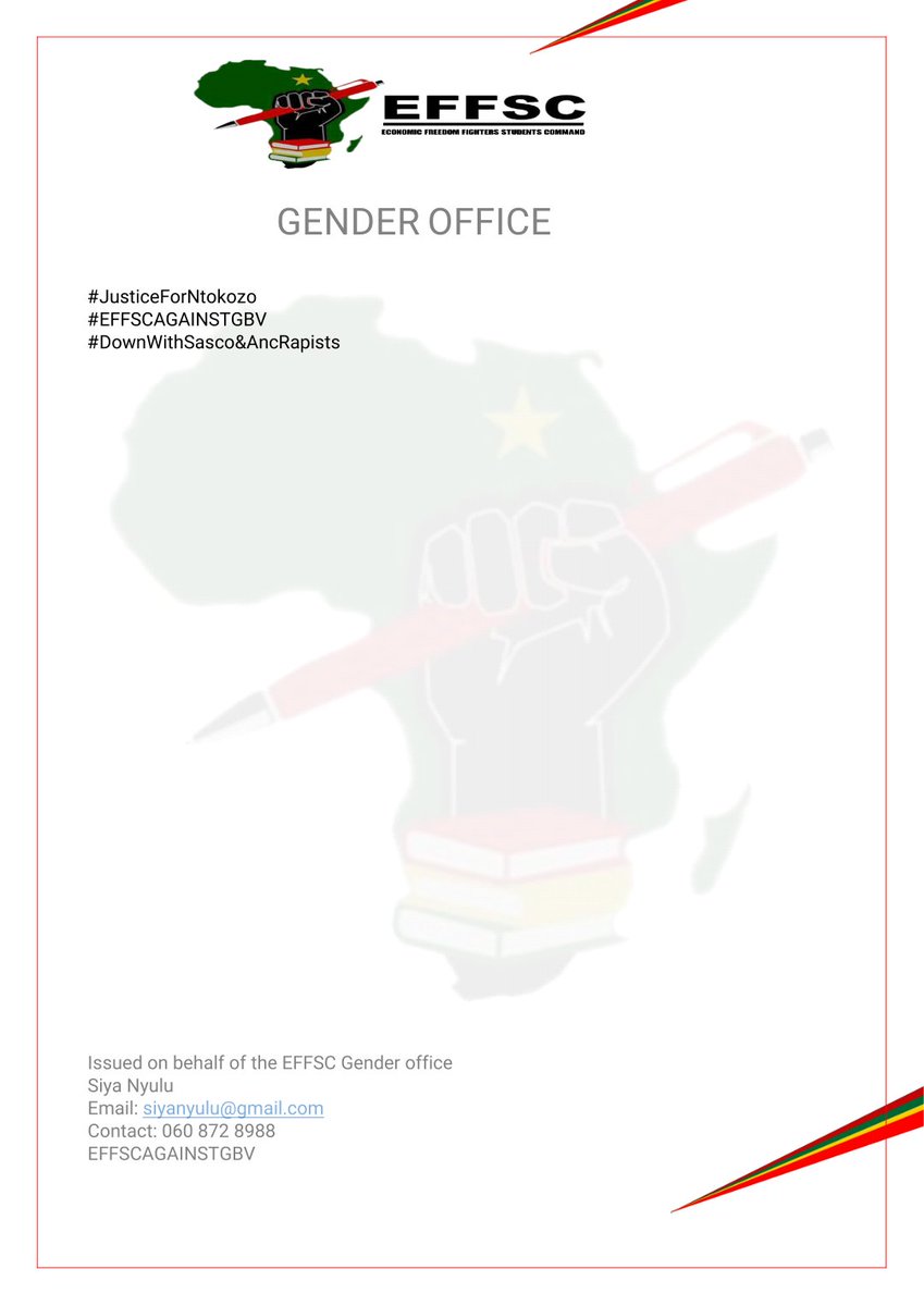 EFFYouthCommand's tweet photo. ECONOMIC FREEDOM FIGHTERS STUDENTS COMMAND STATEMENT ON THE BRUTAL RAPE CASE OF FIGHTER NTOKOZO MABILANE

24 FEBRUARY 2020

The EFF Students Command is infuriated by the recent reports of the gang rape of Ntokozo Mabilane 
@EFFSouthAfrica @Julius_S_Malema https://t.co/KRgbUTTOna