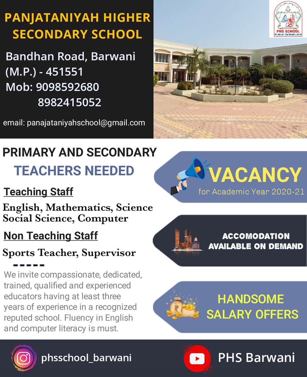 panjataniyah's tweet photo. #PanjataniyahSchool #Barwani #vacancy Announced for Academic Year 2020 -2021
#school #JobAlert
#PHS #PHSSchool #Attalim #AttalimSchools
@AttalimSchools @dbohraofficial https://t.co/p6OTExs9LJ