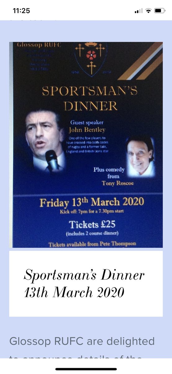 RobStew37762510's tweet photo. There are still tickets available for the sportsman’s dinner. Contact Pete Thompson or ⁦⁦@RobStewart_⁩ if you are interested. ⁦@GlossopRUFC⁩ https://t.co/fmh4jmbsgM