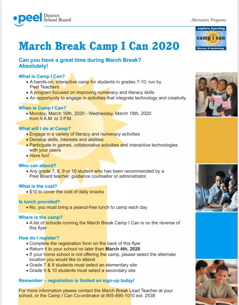 Hey <a href="/fmssarrows/">Fletcher's Meadow S.S.</a> ! FMSS is running a unique program for grade 9 &amp; 10 Ss. March Break Camp I Can is designed to strengthen your literacy and numeracy skills through interactive activities. Interested? See Ms. Grindley in Contact or pick up a form in Guidance today!