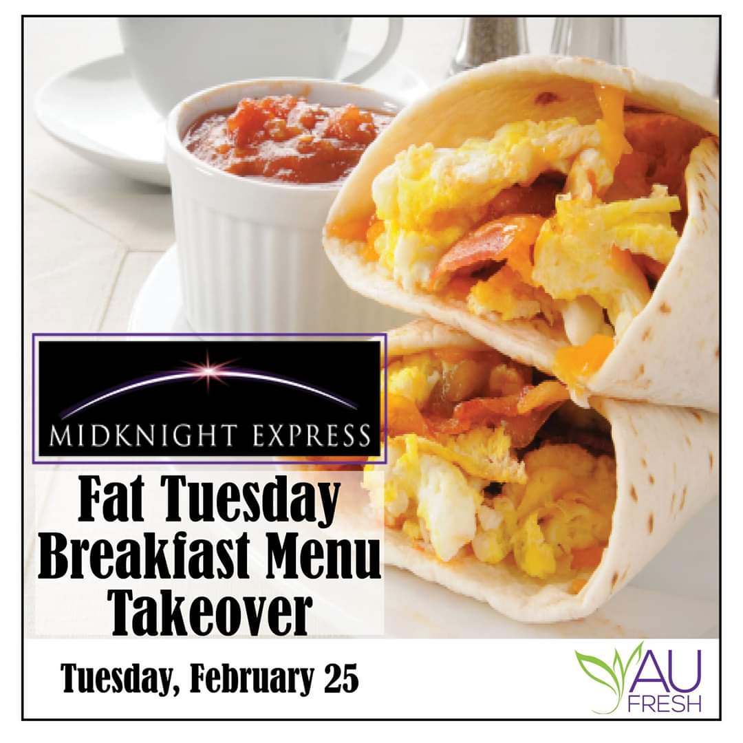 alfredudining's tweet photo. Come to MidKnight Express (Ade Dining Hall) tomorrow night (February 25) for the Fat Tuesday breakfast menu takeover!

We will be swapping over to a breakfast-only menu, which will include breakfast burritos, French toast sticks, sausage, hash browns, and chicken &amp; biscuits. https://t.co/CipzcPBYVj