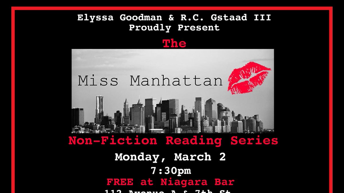 MissManhattanNY's tweet photo. ONE WEEK 'til March's #MissMReading, featuring the fabulous @adacalhoun, @wcdameron, @MissNadiaPinder, and @shaynamaci_ ! Join us: https://t.co/7QLWNqSreY https://t.co/3hABiEdrWp