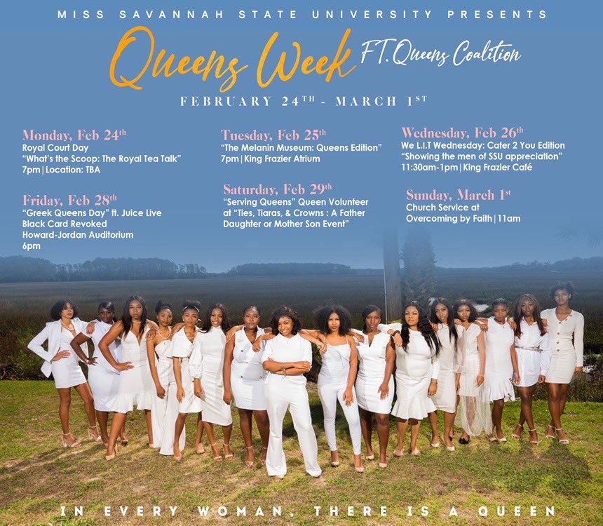 dilledal's tweet photo. “Behind every successful woman is a tribe of other successful women who have her back”. Join Miss Savannah State University &amp; The Queens Coalition in a week of events to bring out the Queen or King in you 🧡💙👑! #SSU #QueensWeek #SSU20 #SSU21 #SSU22 #SSU23 #EverybodyisWelcomed https://t.co/w6O4EjGtLK