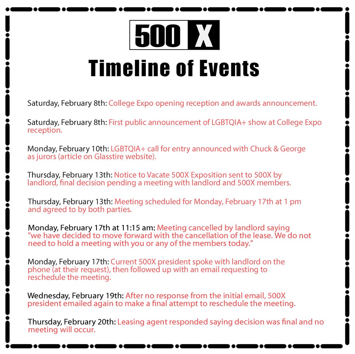 500x's tweet photo. Here is the timeline of events leading up to the cancellation of 500X Gallery's lease at 500 Exposition Avenue by our leasing agent. For further inquiries, please email the500xgallery@gmail.com. https://t.co/FPhwPUOM3J