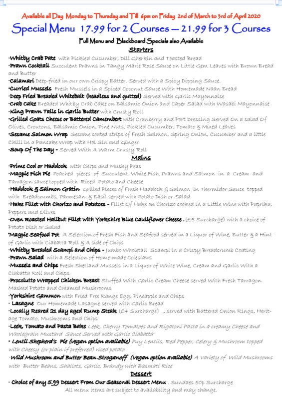 It’s back - our 2/3 course winter special menu runs from now until April 3.

Two courses cost £17.99 or 3 courses are £21.99.

Please note, it runs all day Monday to Thursday and 11.30am to 6pm on Friday.

What will you choose? 

#magpie #whitby  #fishandchips #seafood #specials