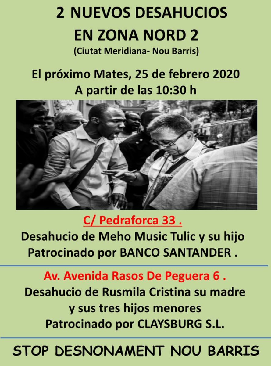 Demà, 25 de febrer, 2 #desnonaments a #CiutatMeridiana #NouBarris #9Barris