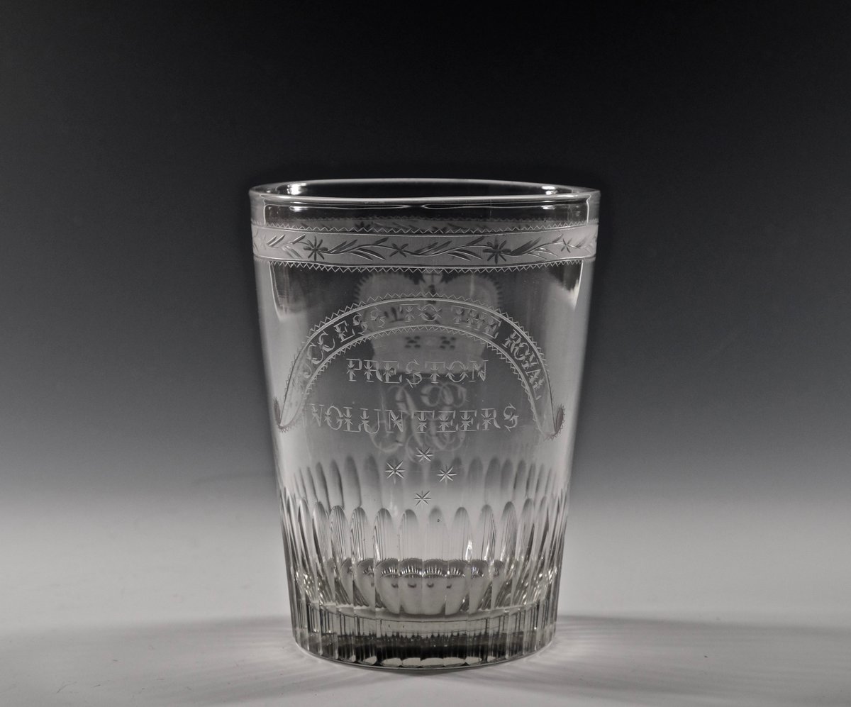 Tumbler engraved Success to the Royal Preston Volunteers the reverse with crown and GR monogram C1795 now sold to The National Army Museum #militaryglass #tumbler #prestonvolunteers #nationalarmymuseum #georgianglass #18thcenturyglass #marrisantiques #bada