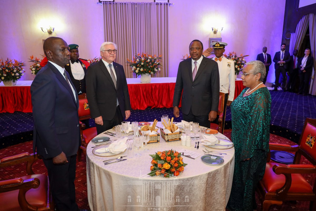 StateHouseKenya's tweet photo. President Uhuru Kenyatta and First Lady Margaret Kenyatta earlier this evening at State House, Nairobi hosted a State Banquet in honour of the visiting President of Germany Frank-Walter Steinmeier and his delegation | @WilliamsRuto @RailaOdinga https://t.co/mWtkhOdmCs