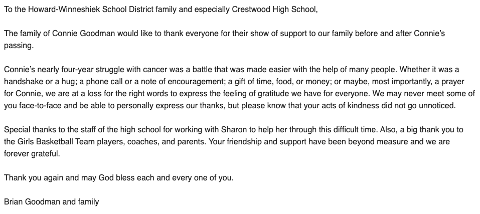 Crestwood_HS's tweet photo. A message of thanks from the Goodman Family: 
#cadetnation #2020howardwinn https://t.co/cD4gcMLVz4