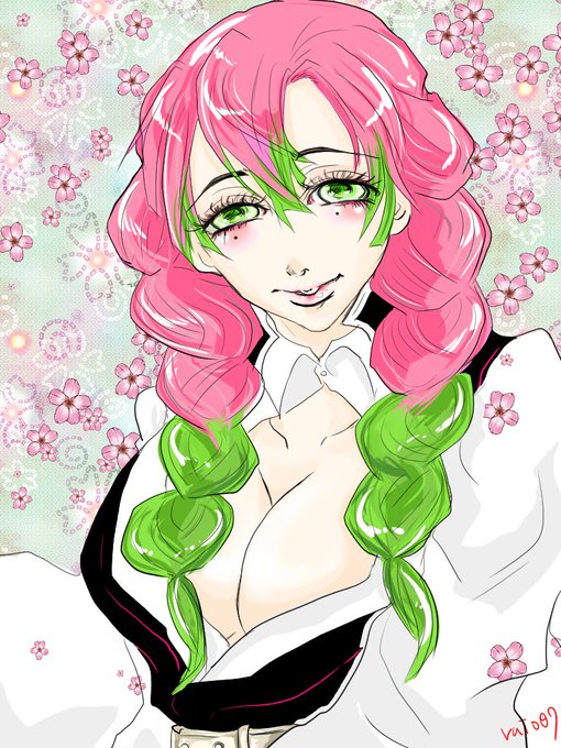 雷尾さんがTwitterに投稿した甘露寺蜜璃(鬼滅の刃)のイラスト。
