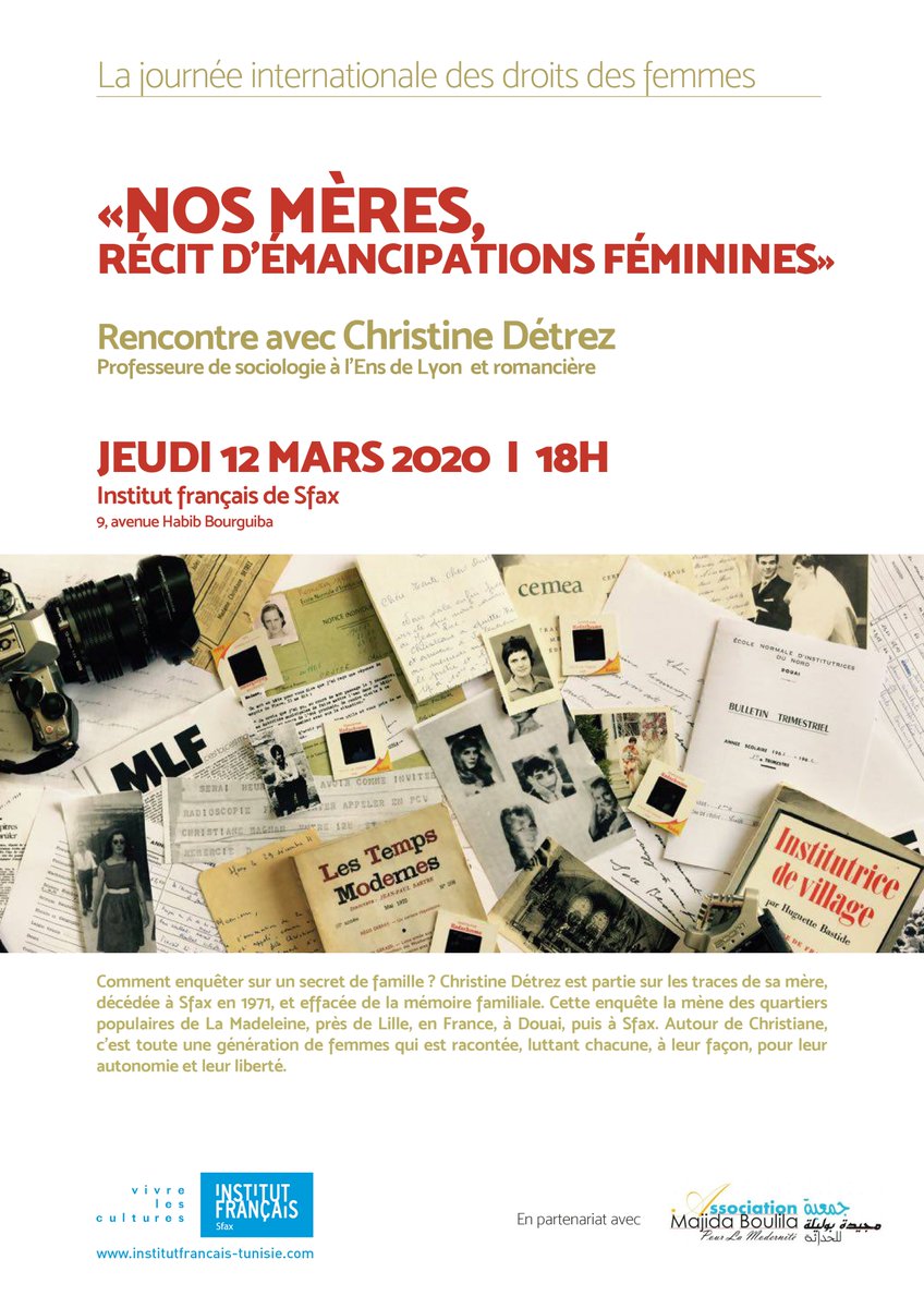 Journée Internationale des Droits des Femmes
Conférence de la sociologue Christine Détrez
"Nos mères, récit d'émancipations féminines"
🗓 Jeudi 12 mars 18h
Projection d’un documentaire de Lilia Merckle, petite-fille de Christiane Détrez 
facebook.com/events/5010207…