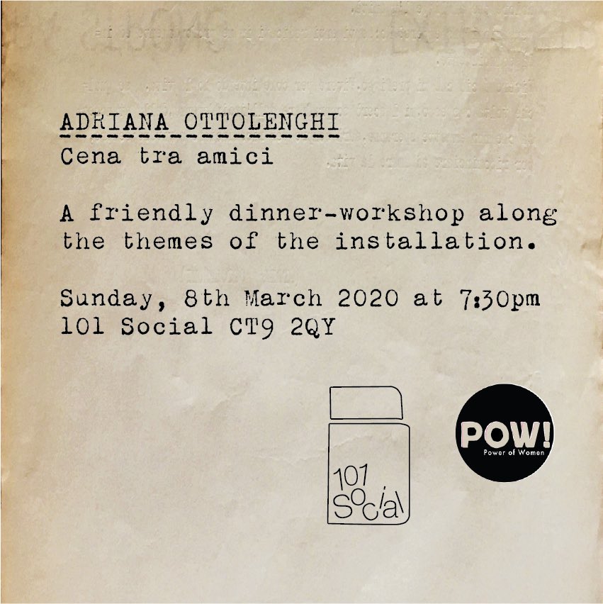 An Italian family dinner and informal workshop about creativity as a tool for survival in times of war set against the backdrop of Adriana Ottolenghi's exhibition and accompanied by the sounds of her pre and post war records, from opera to swing. #powthanet #f101social