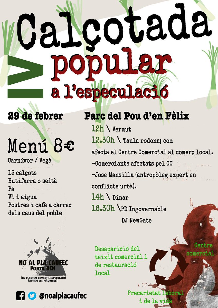 NoalPlaCaufec's tweet photo. 📯Aquest dissabte 29:

IV Calçotada Popular contra l'especulació!🥳

📍Ens veiem a partir de les 12h a la Pista  Coberta del Parc Pou d'en Fèlix!

Aquesta calçotada tampoc hi serem totxs: Adri @EtVolemACasa! 

Seguim dient No al Pla Caufec-PortaBCN!

-vine amb les teves amiguxs- https://t.co/htc0PJ6oWu