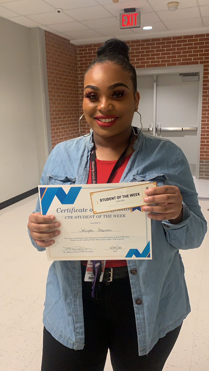 NSSHCTE's tweet photo. Our CTE student of the week is Jalyriyah Staton!  Congrats and keep up the good work!!! @NSSH_Mustangs @GalenaParkCTE @GalenaParkISD  @jaytoolive1 https://t.co/z5t9PeQeCj
